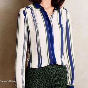 Anthropologie Maeve Striped Button Down Shirt in Blue and Green